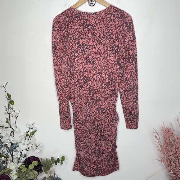 ANTHROPOLOGIE x SUNDRY Puff Sleeve Leopard Ruched Dress Rose Pink {3V48} - Picture 3 of 6